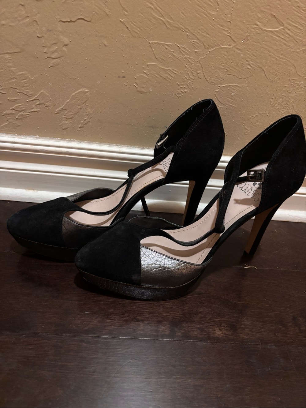 Vince Camuto Black Suede T-Strap Heels with Metallic Accent